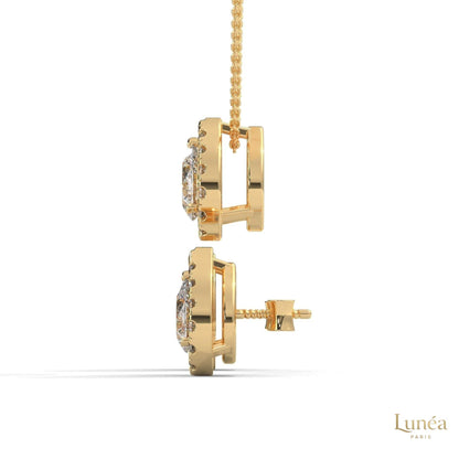 14K yellow gold pear-cut lab-grown diamond halo stud earrings with secure screw-back posts.