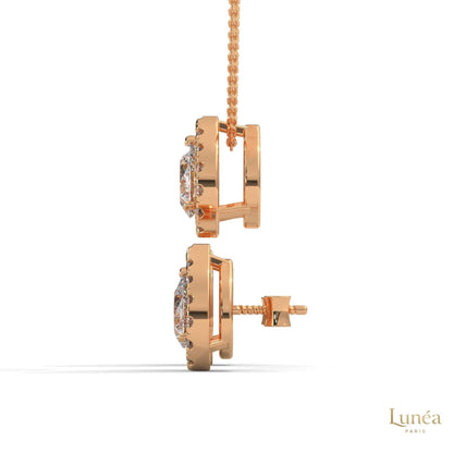 Rose gold pear-cut lab-grown diamond halo stud earrings with secure screw-back posts.