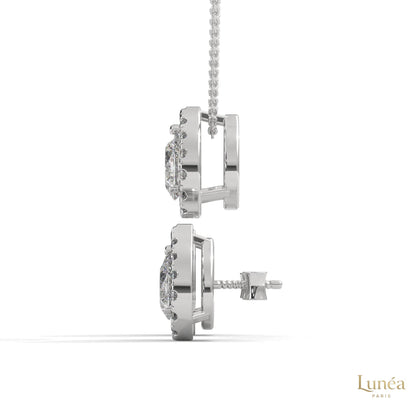 Side view of pear-cut lab-grown diamond halo stud earrings in 14K white gold with secure screw-back posts.
