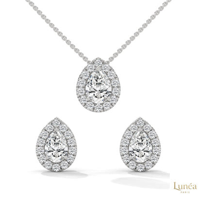 Pear-cut lab-grown diamond halo earrings and matching pendant necklace set in 14K white gold.