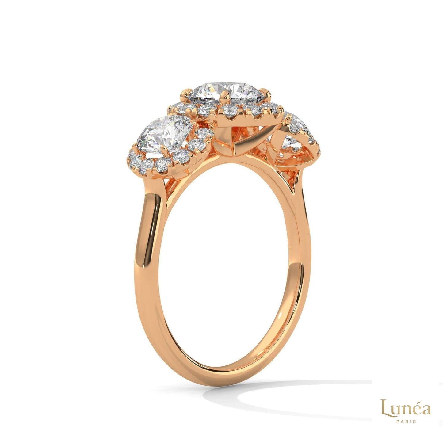 2.55 Ct. Three-Stone Halo Lab Diamond Ring