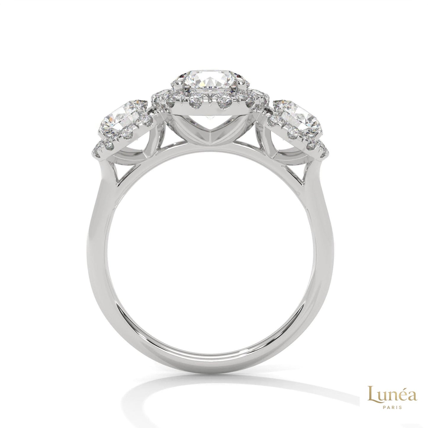 2.55 Ct. Three-Stone Halo Lab Diamond Ring