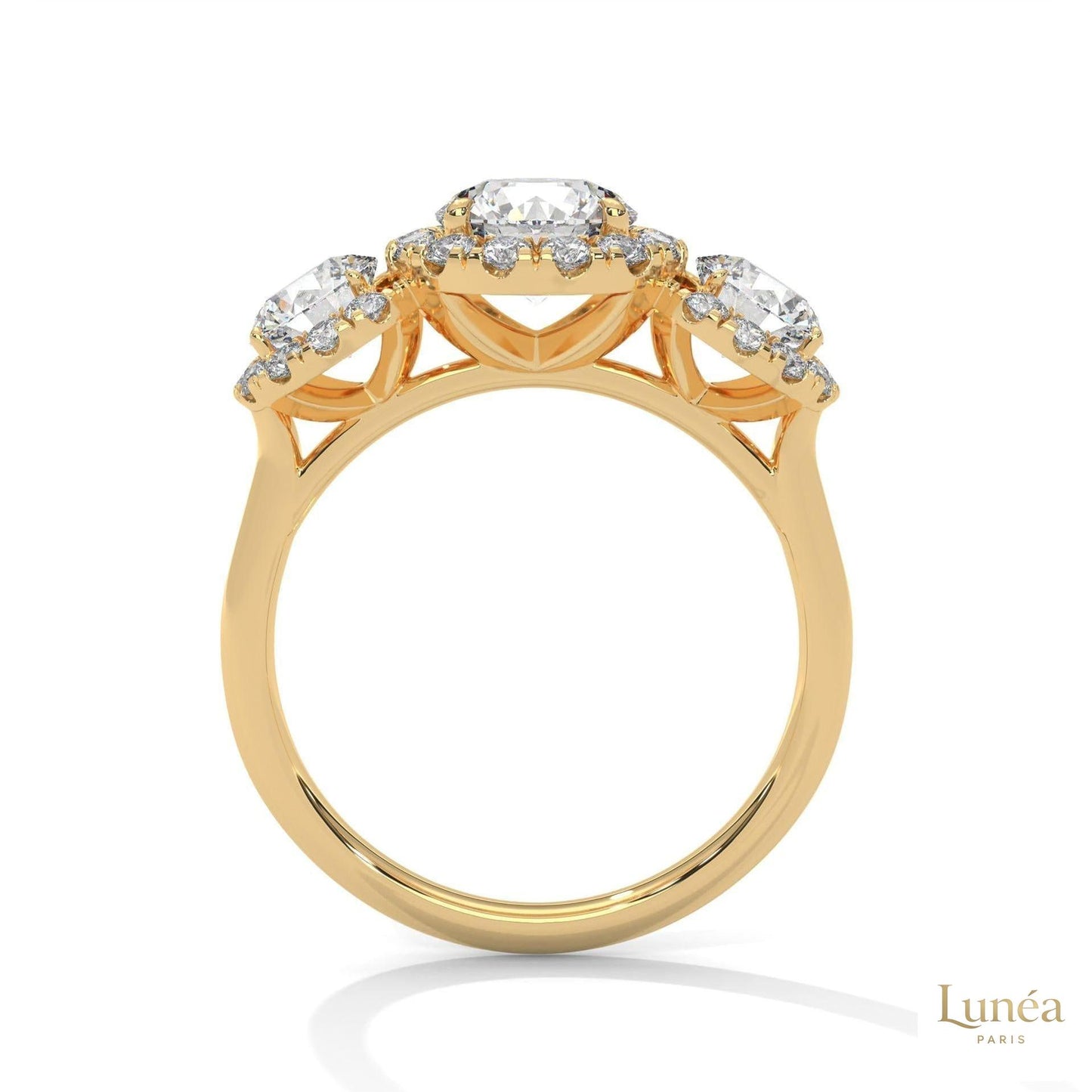 2.55 Ct. Three-Stone Halo Lab Diamond Ring