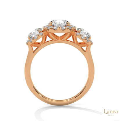 2.55 Ct. Three-Stone Halo Lab Diamond Ring