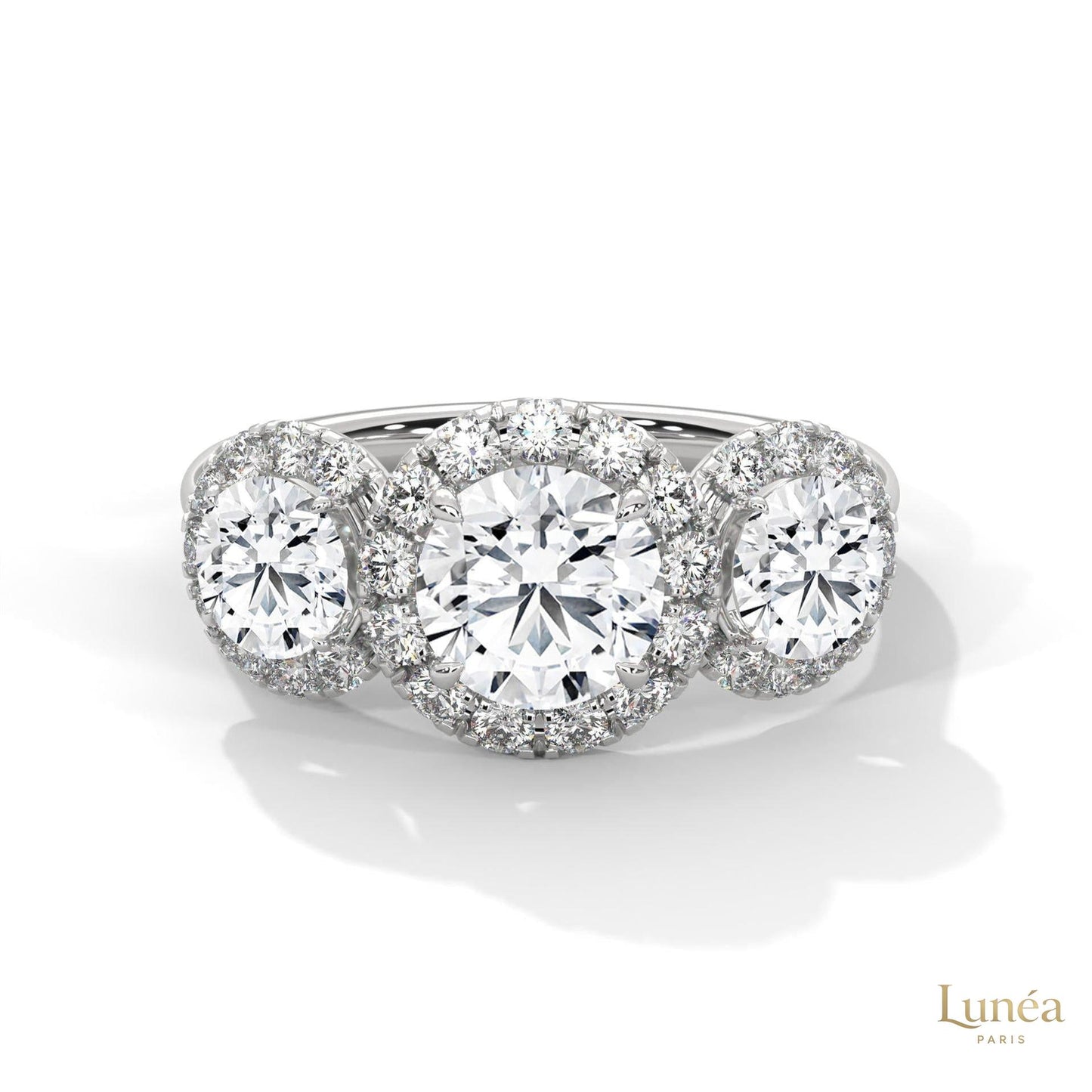 2.55 Ct. Three-Stone Halo Lab Diamond Ring