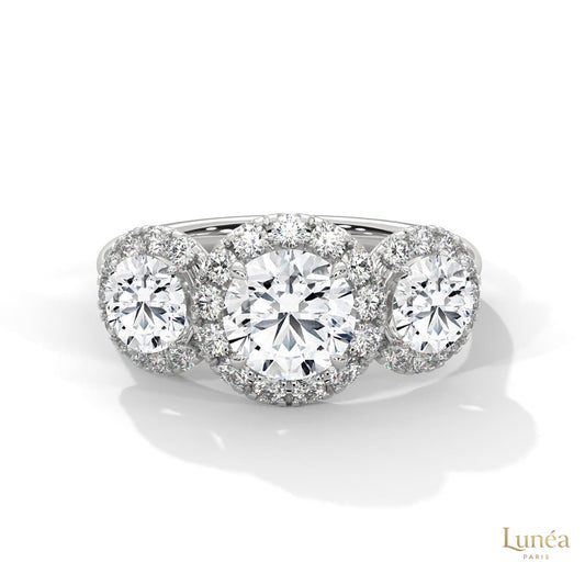 2.55 Ct. Three-Stone Halo Lab Diamond Ring