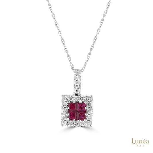 Four-Square 2 ct. Ruby & Diamond Halo Pendant | Lab Grown | 14K Gold & Platinum