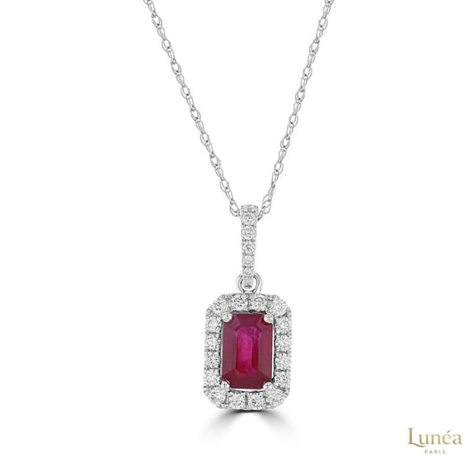 3 ct. Emerald Cut Ruby & Diamond Halo Pendant | Lab Grown | 14K Gold & Platinum