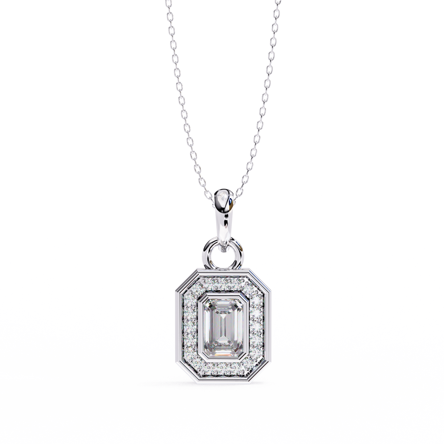 0.90 CTW Emerald-Cut Halo Lab-Grown Diamond Pendant Necklace in 14K Gold & Platinum