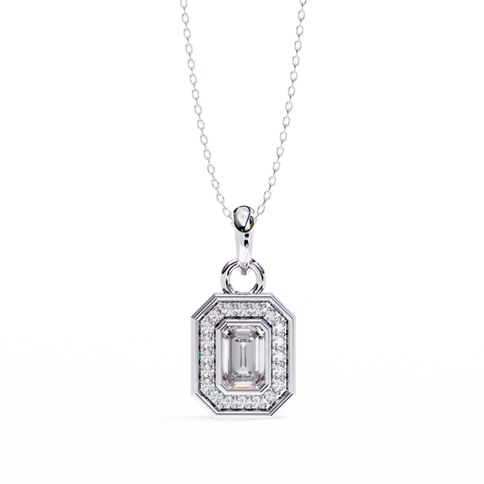 0.90 CTW Emerald-Cut Halo Lab-Grown Diamond Pendant Necklace in 14K Gold & Platinum