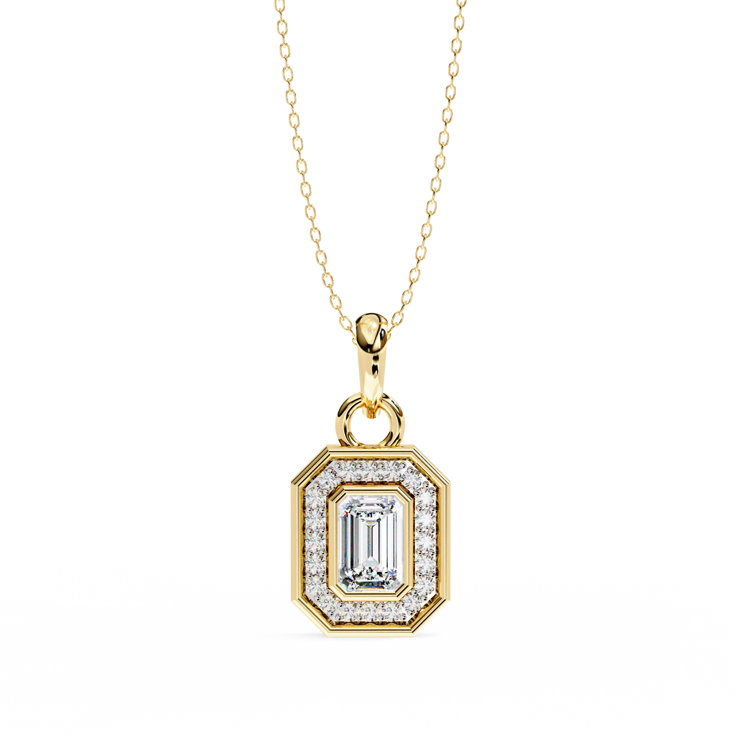 0.90 CTW Emerald-Cut Halo Lab-Grown Diamond Pendant Necklace in 14K Gold & Platinum