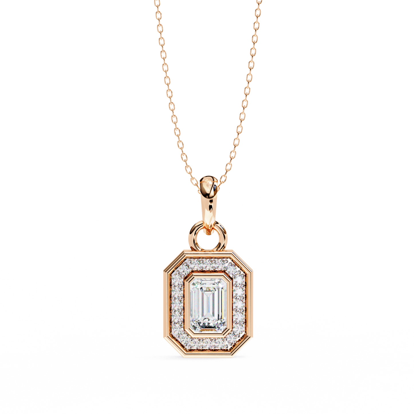 0.90 CTW Emerald-Cut Halo Lab-Grown Diamond Pendant Necklace in 14K Gold & Platinum