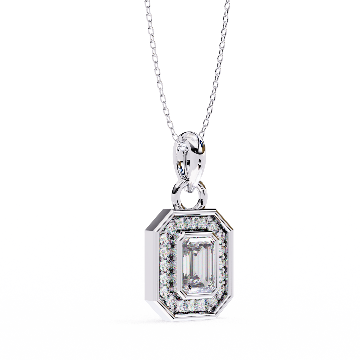 0.90 CTW Emerald-Cut Halo Lab-Grown Diamond Pendant Necklace in 14K Gold & Platinum