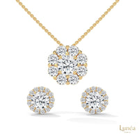 Floral cluster diamond necklace and earring set in 14K yellow gold with brilliant-cut lab-grown diamonds.