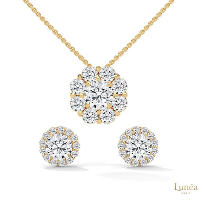 Floral cluster diamond necklace and earring set in 14K yellow gold with brilliant-cut lab-grown diamonds.