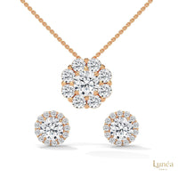 Rose gold floral cluster diamond pendant necklace and matching stud earrings set with brilliant lab-grown diamonds.