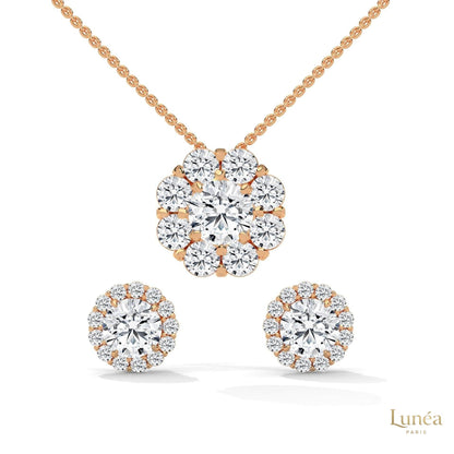 Rose gold floral cluster diamond pendant necklace and matching stud earrings set with brilliant lab-grown diamonds.