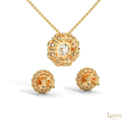 Floral cluster diamond pendant and matching screw-back earrings in 14K yellow gold with round brilliant lab-grown diamonds.
