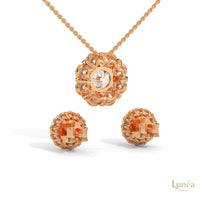 Rose gold floral cluster diamond pendant necklace and matching screw-back earrings set with brilliant lab-grown stones.