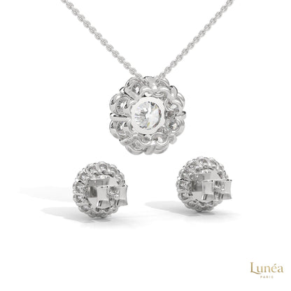 Floral cluster diamond pendant and matching screw-back earrings in polished 14K white gold with lab-grown diamonds.