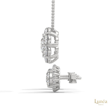 Floral cluster diamond earrings in white gold with round brilliant lab-grown diamonds and secure screw-back posts.