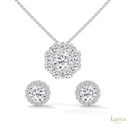 Floral cluster lab-grown diamond pendant necklace and matching stud earrings set in polished 14K white gold.