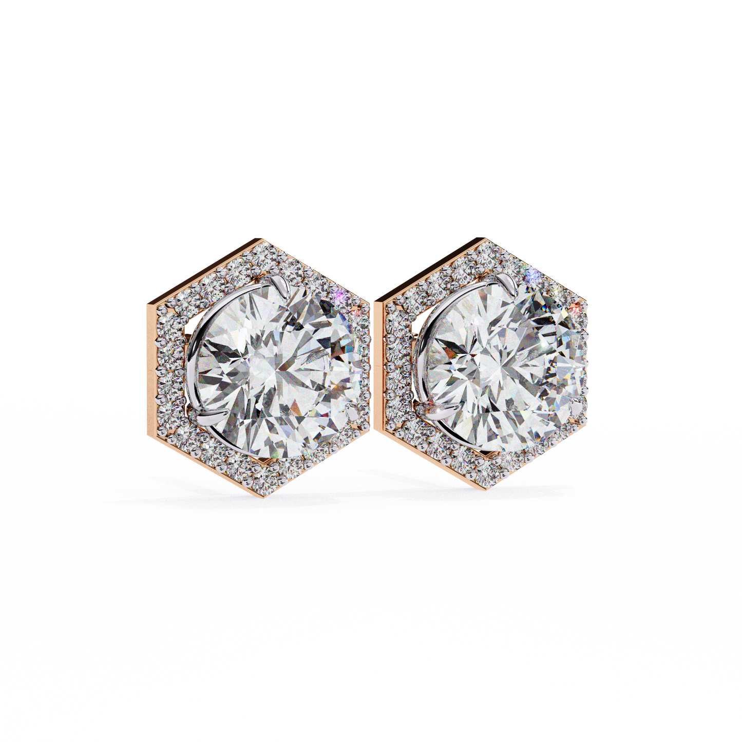 2.10 CTW Round Lab-Grown Diamond Hexagon Halo Stud Earrings in 14K Gold