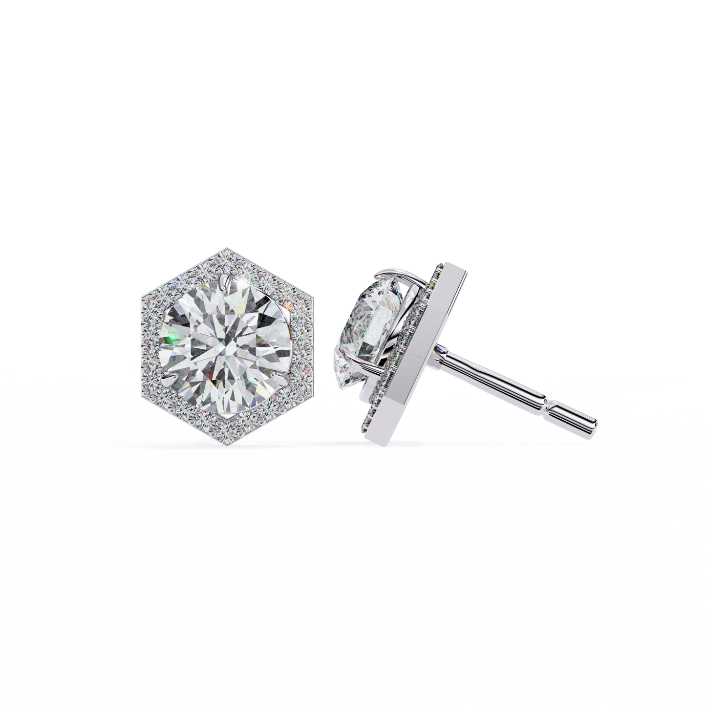 2.10 CTW Round Lab-Grown Diamond Hexagon Halo Stud Earrings in 14K Gold