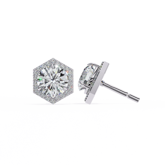 2.10 CTW Round Lab-Grown Diamond Hexagon Halo Stud Earrings in 14K Gold