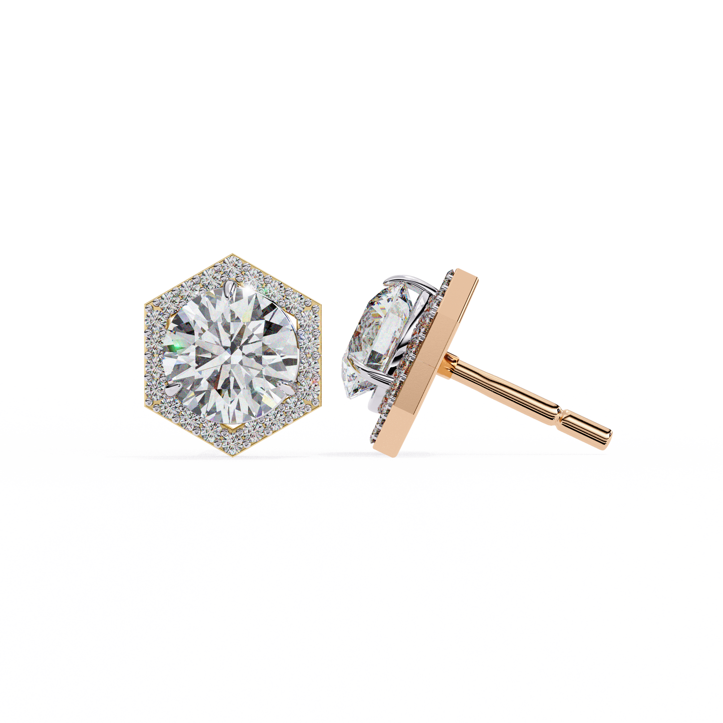 2.10 CTW Round Lab-Grown Diamond Hexagon Halo Stud Earrings in 14K Gold