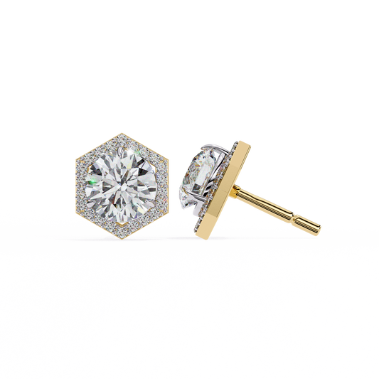 2.10 CTW Round Lab-Grown Diamond Hexagon Halo Stud Earrings in 14K Gold