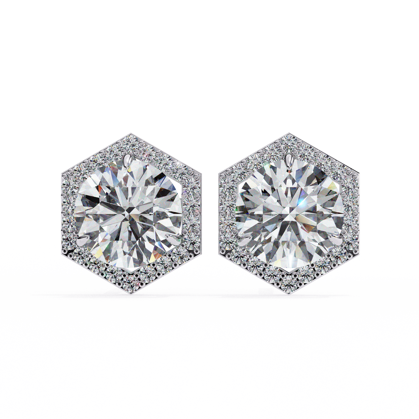 2.10 CTW Round Lab-Grown Diamond Hexagon Halo Stud Earrings in 14K Gold