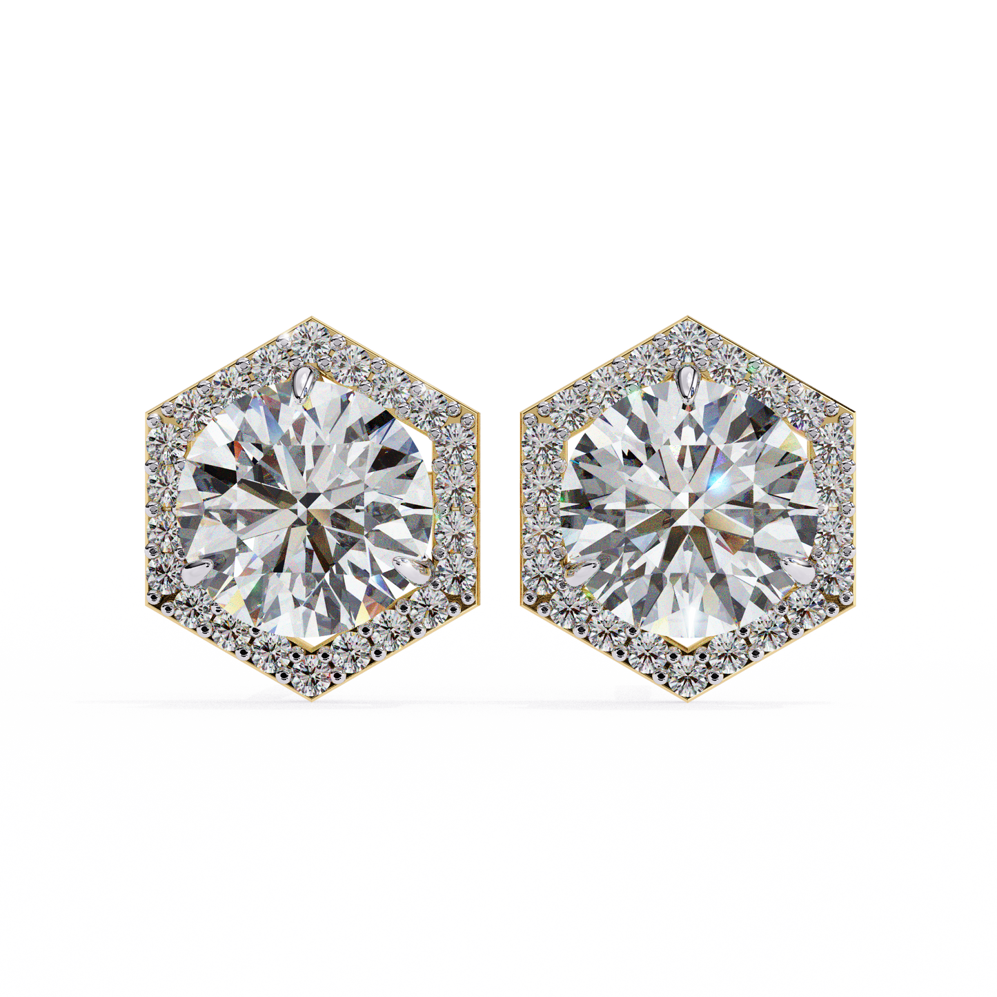 2.10 CTW Round Lab-Grown Diamond Hexagon Halo Stud Earrings in 14K Gold