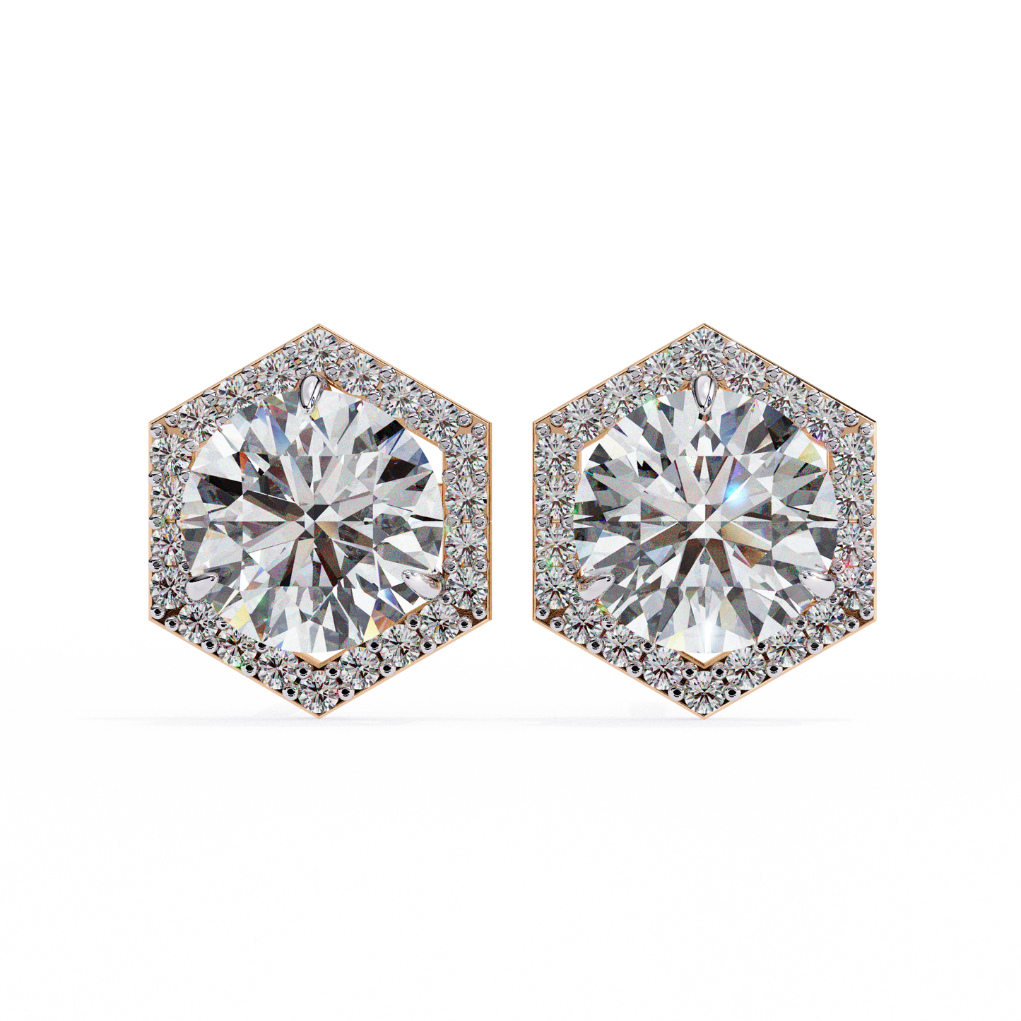 2.10 CTW Round Lab-Grown Diamond Hexagon Halo Stud Earrings in 14K Gold