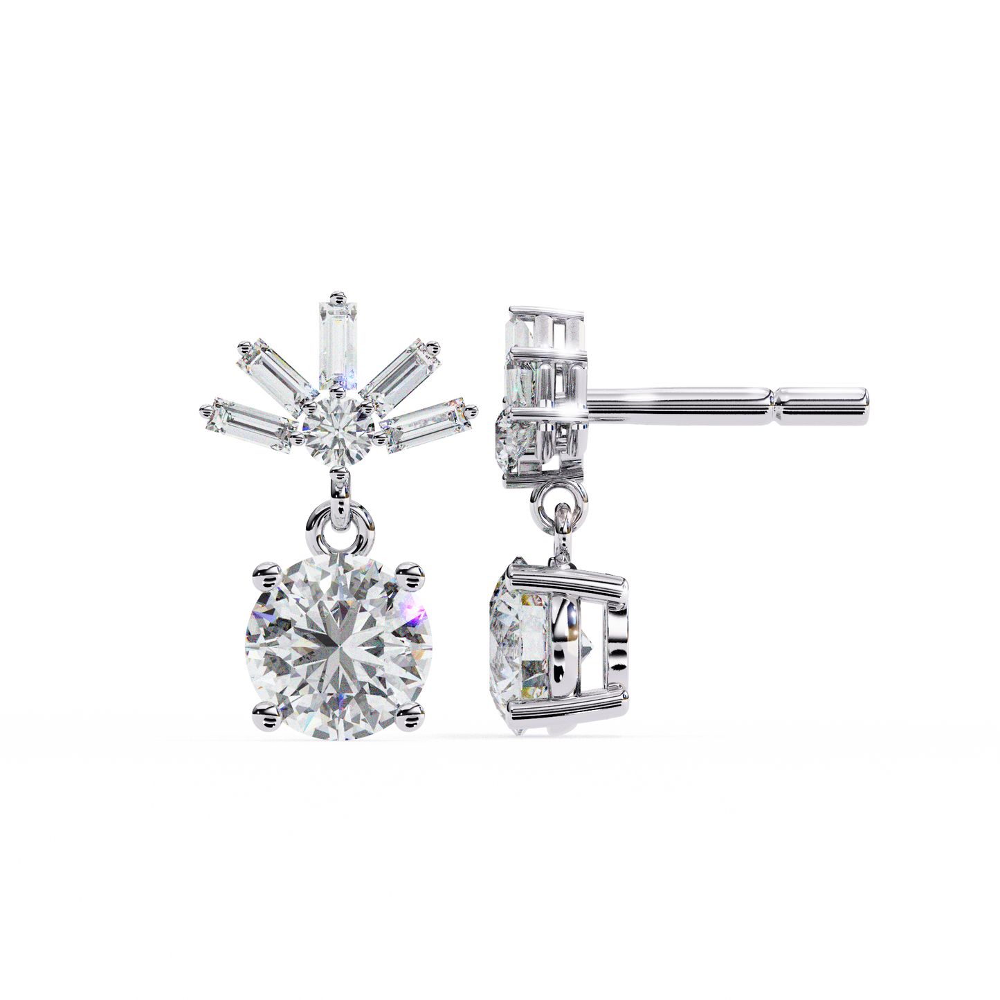 0.86 CTW Round & Baguette Lab-Grown Diamond Sunburst Drop Earrings in 14K Gold