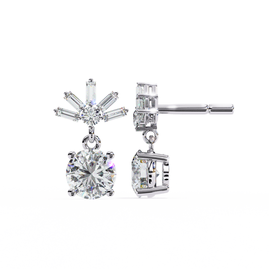 0.86 CTW Round & Baguette Lab-Grown Diamond Sunburst Drop Earrings in 14K Gold
