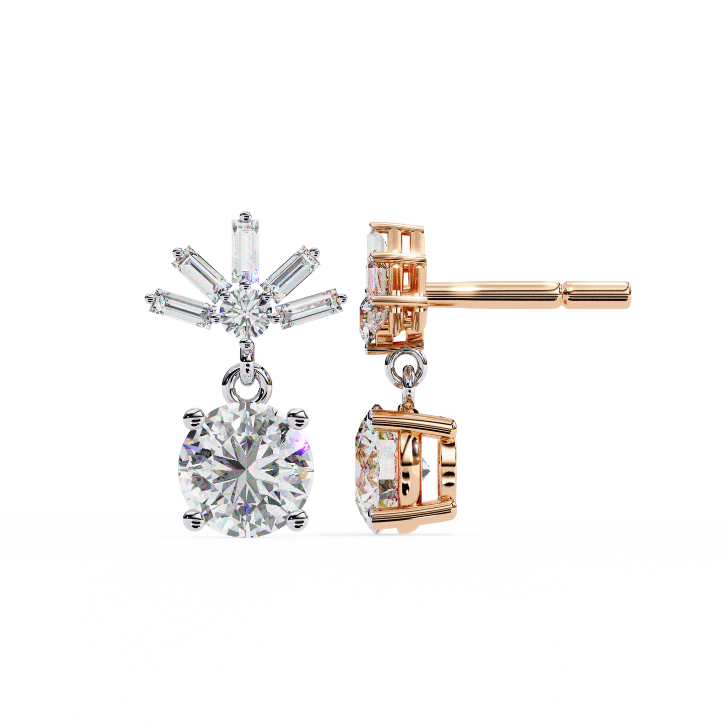 0.86 CTW Round & Baguette Lab-Grown Diamond Sunburst Drop Earrings in 14K Gold