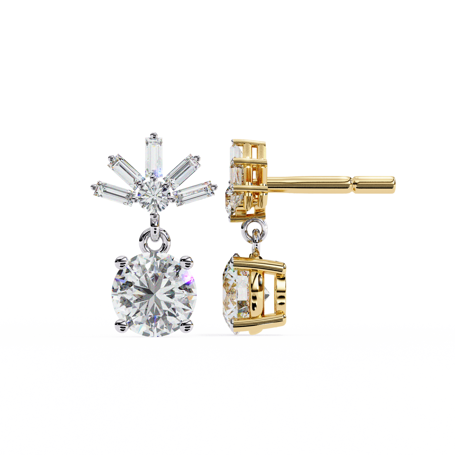 0.86 CTW Round & Baguette Lab-Grown Diamond Sunburst Drop Earrings in 14K Gold
