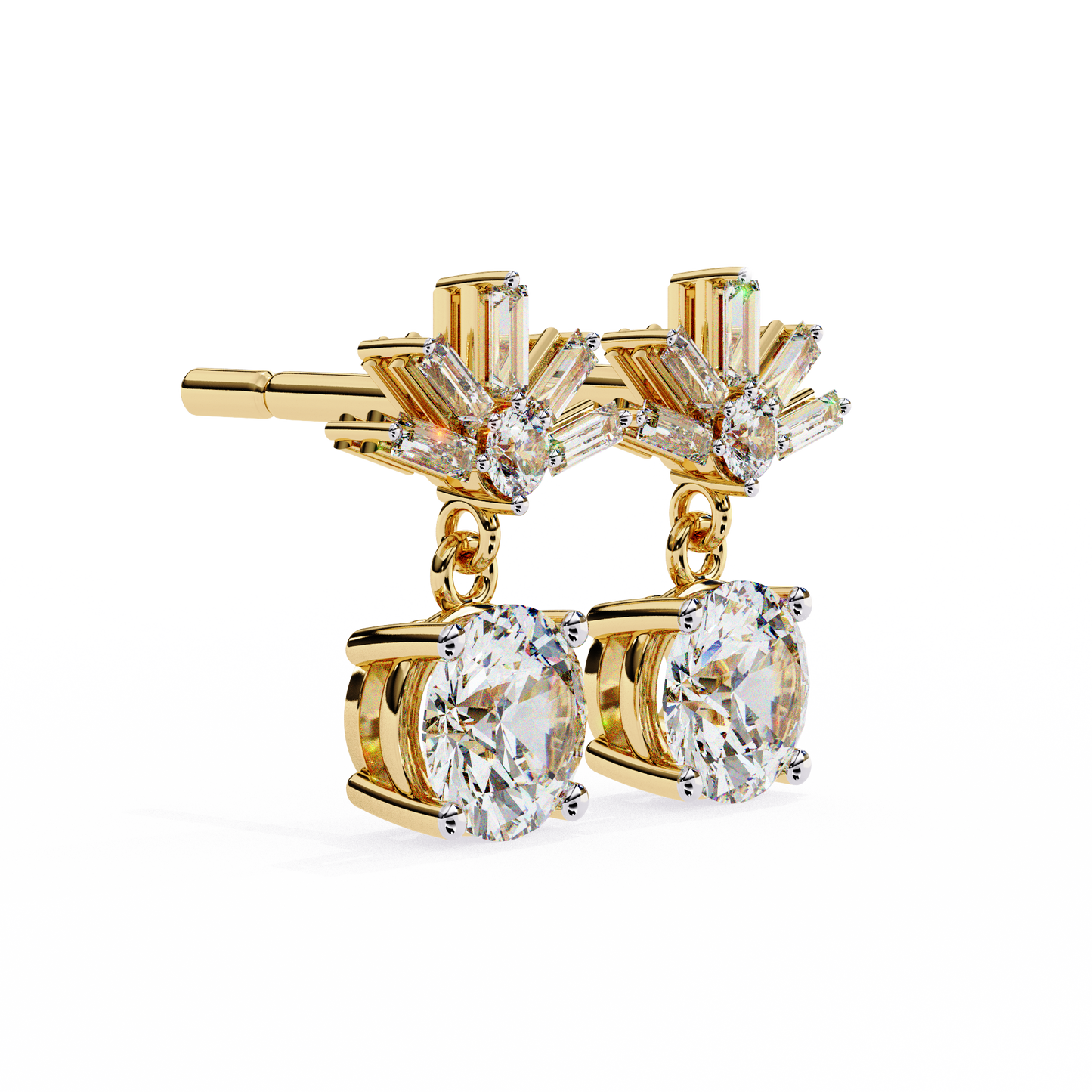 0.86 CTW Round & Baguette Lab-Grown Diamond Sunburst Drop Earrings in 14K Gold
