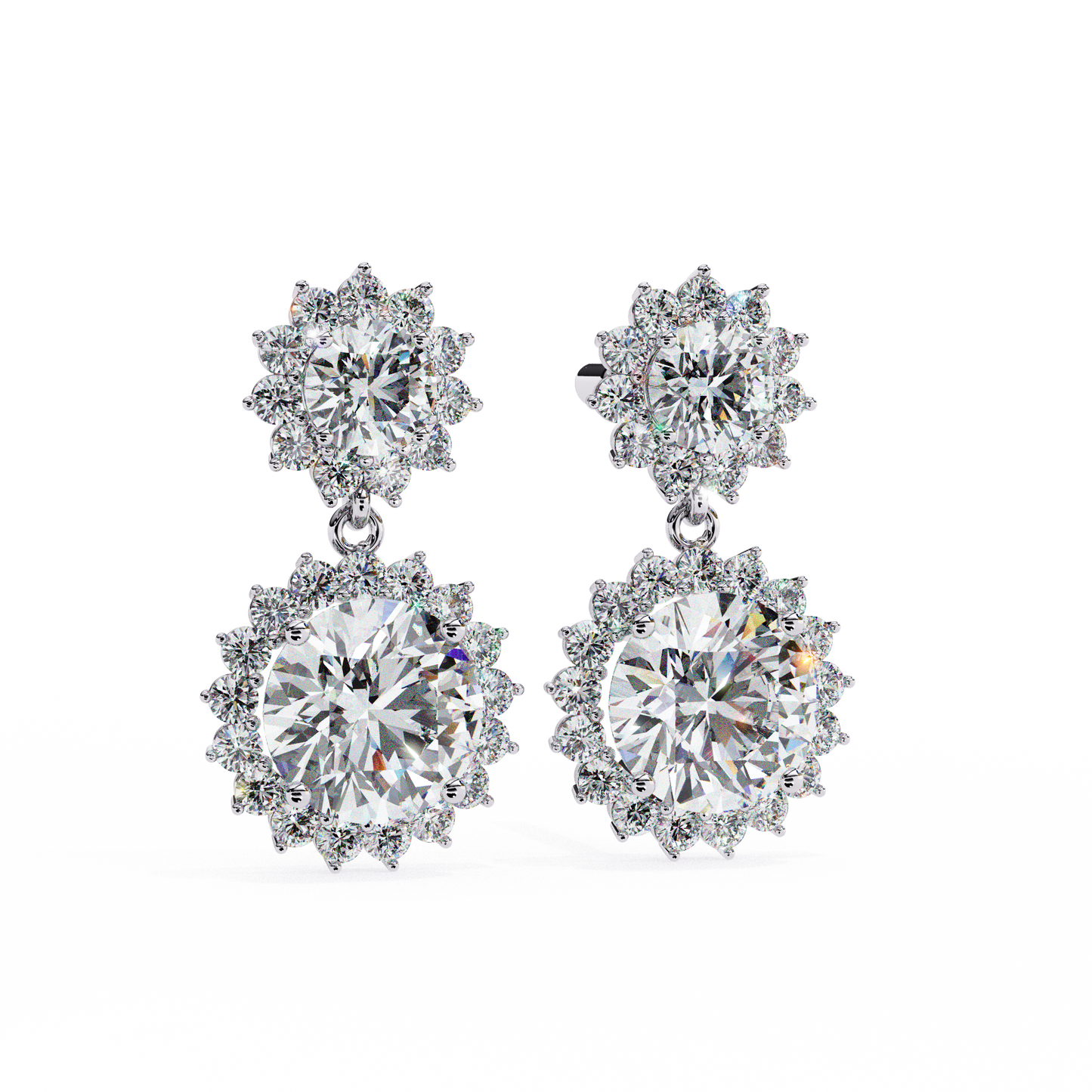 1.37 CTW Round Lab-Grown Diamond Double Halo Drop Earrings in 14K Gold