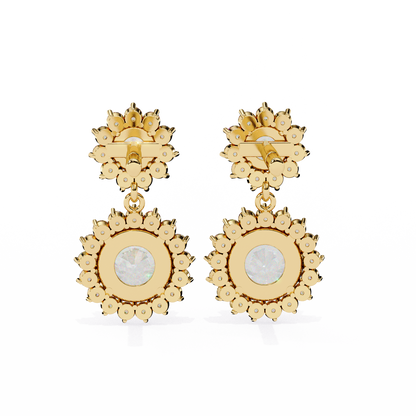 1.37 CTW Round Lab-Grown Diamond Double Halo Drop Earrings in 14K Gold
