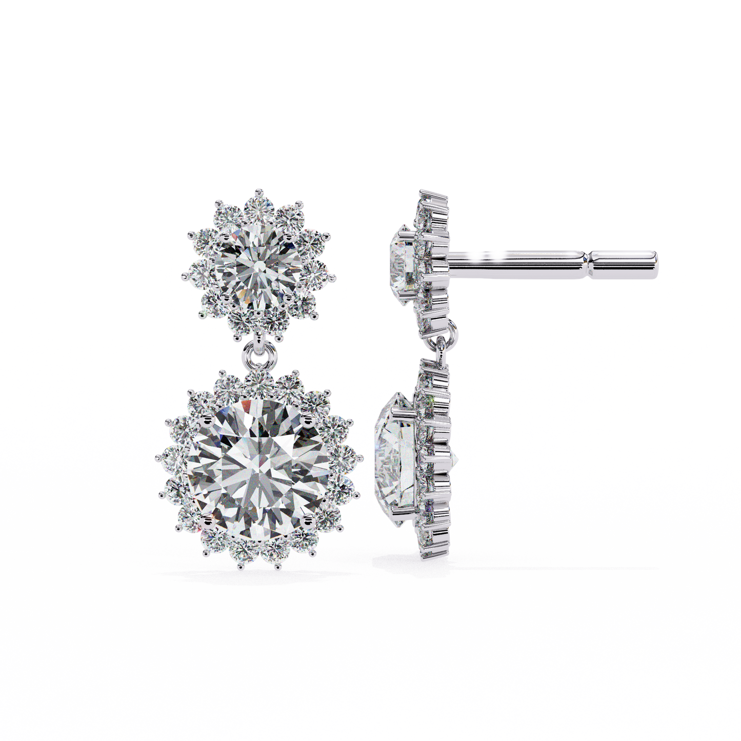 1.37 CTW Round Lab-Grown Diamond Double Halo Drop Earrings in 14K Gold