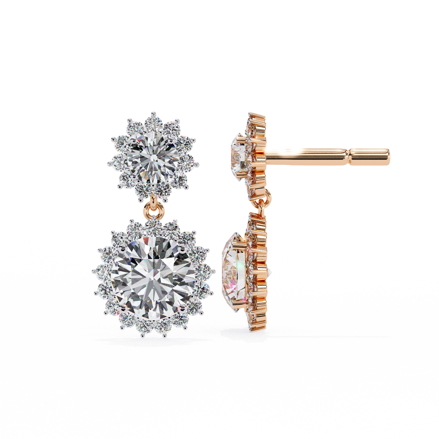 1.37 CTW Round Lab-Grown Diamond Double Halo Drop Earrings in 14K Gold