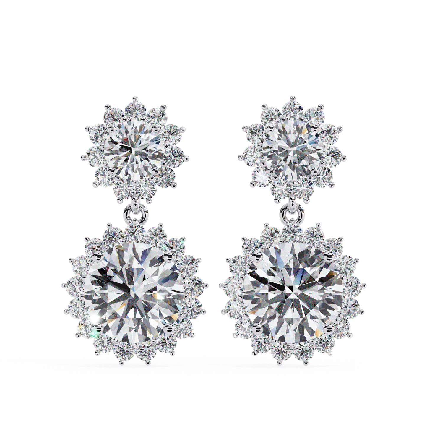 1.37 CTW Round Lab-Grown Diamond Double Halo Drop Earrings in 14K Gold