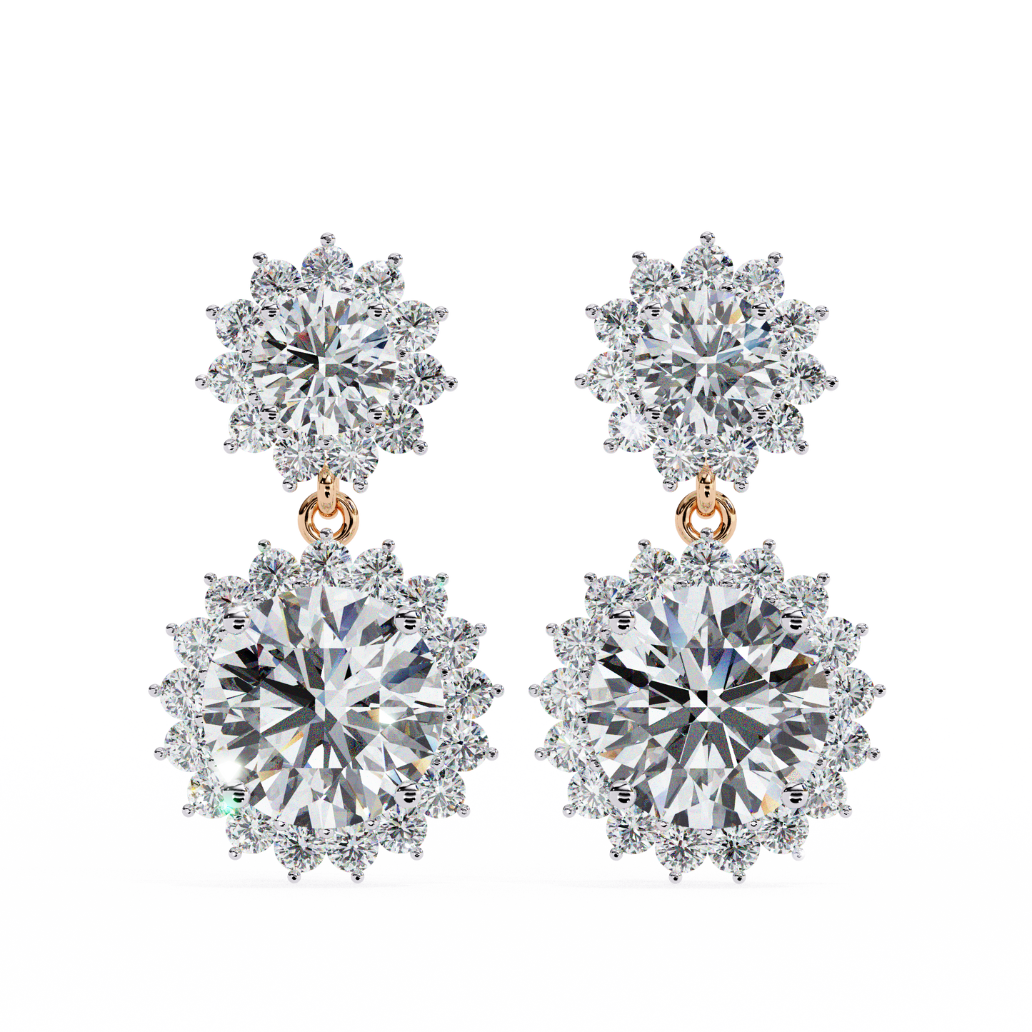 1.37 CTW Round Lab-Grown Diamond Double Halo Drop Earrings in 14K Gold