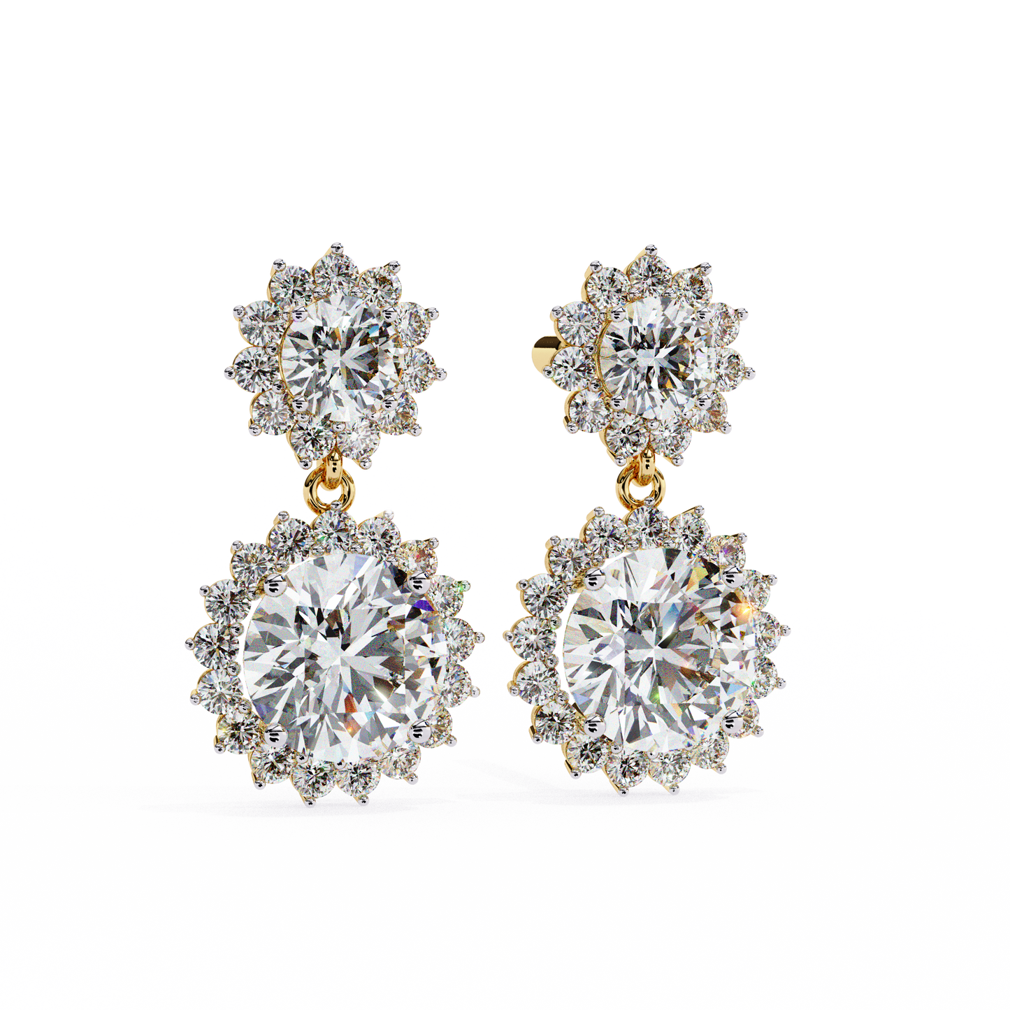 1.37 CTW Round Lab-Grown Diamond Double Halo Drop Earrings in 14K Gold