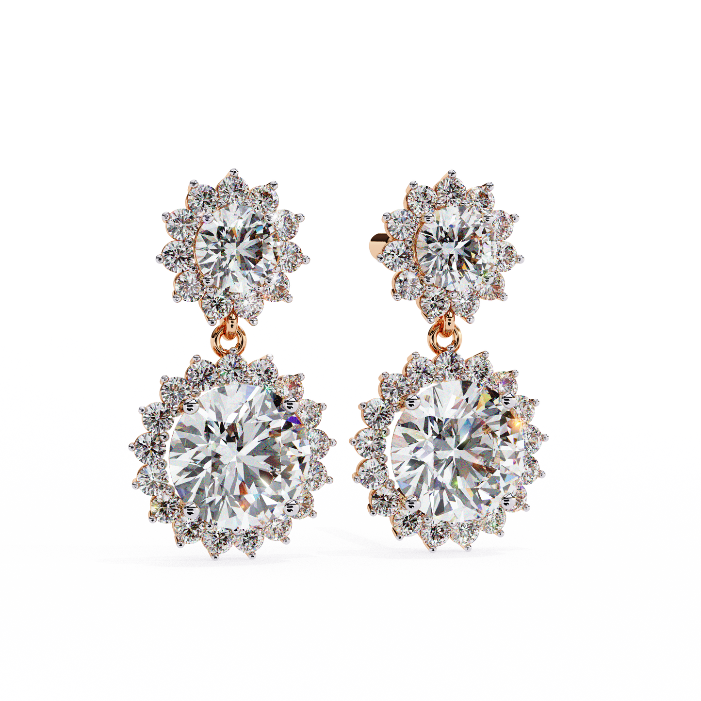 1.37 CTW Round Lab-Grown Diamond Double Halo Drop Earrings in 14K Gold