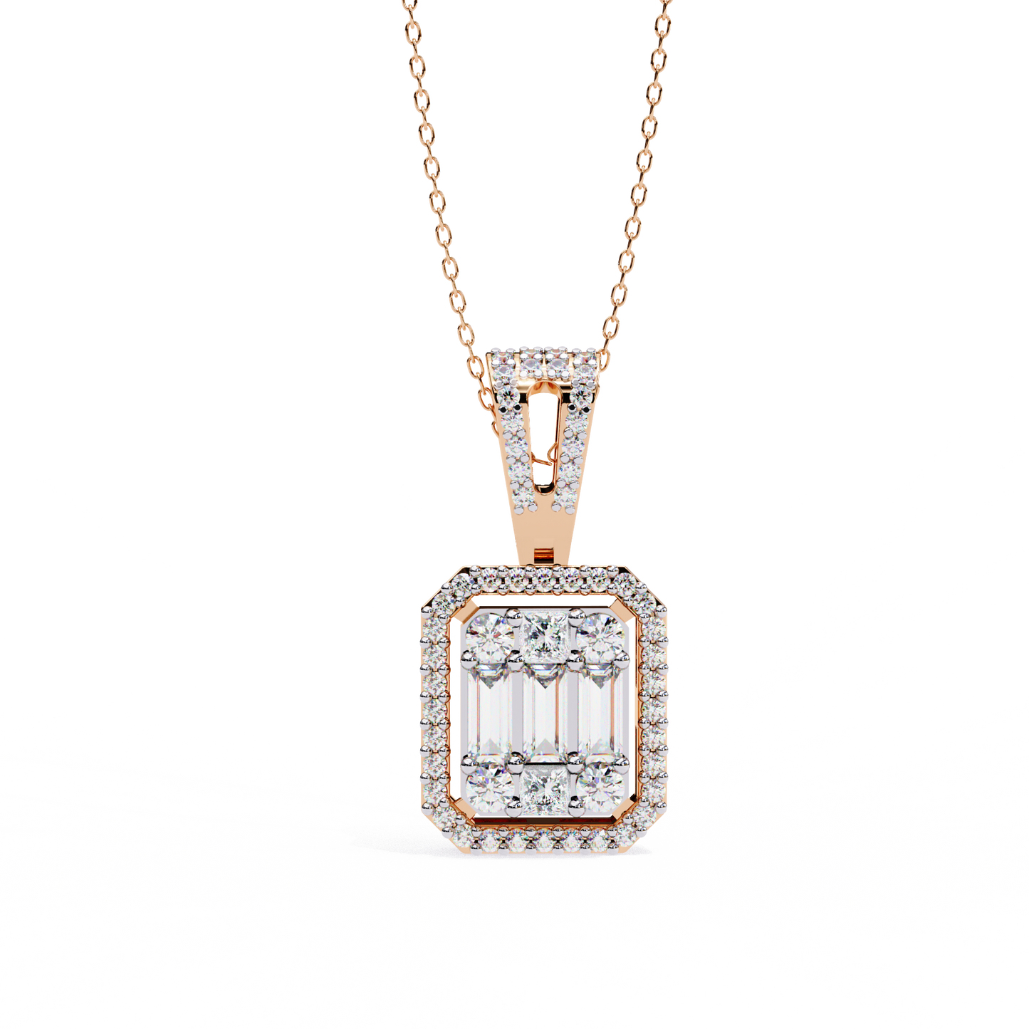 0.70 CTW Art Deco Mixed-Shape Halo Pendant Necklace | Lab Grown | 14K Gold & Platinum – Lunéa Paris