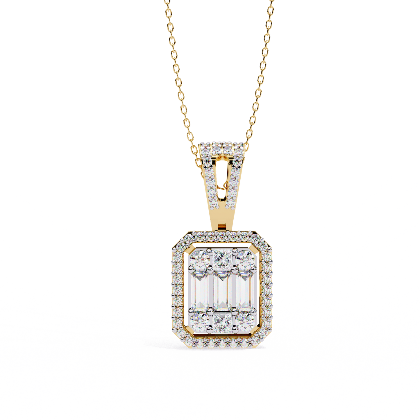 0.70 CTW Art Deco Mixed-Shape Halo Pendant Necklace | Lab Grown | 14K Gold & Platinum – Lunéa Paris