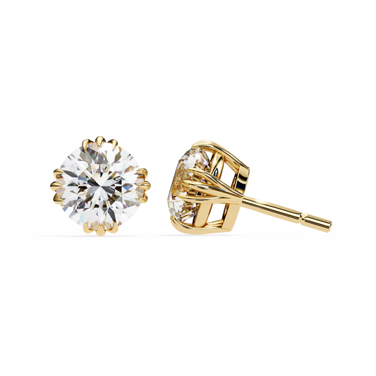 2.80 CTW round lab-grown diamond stud earrings in a sculpted 14K gold crown setting.